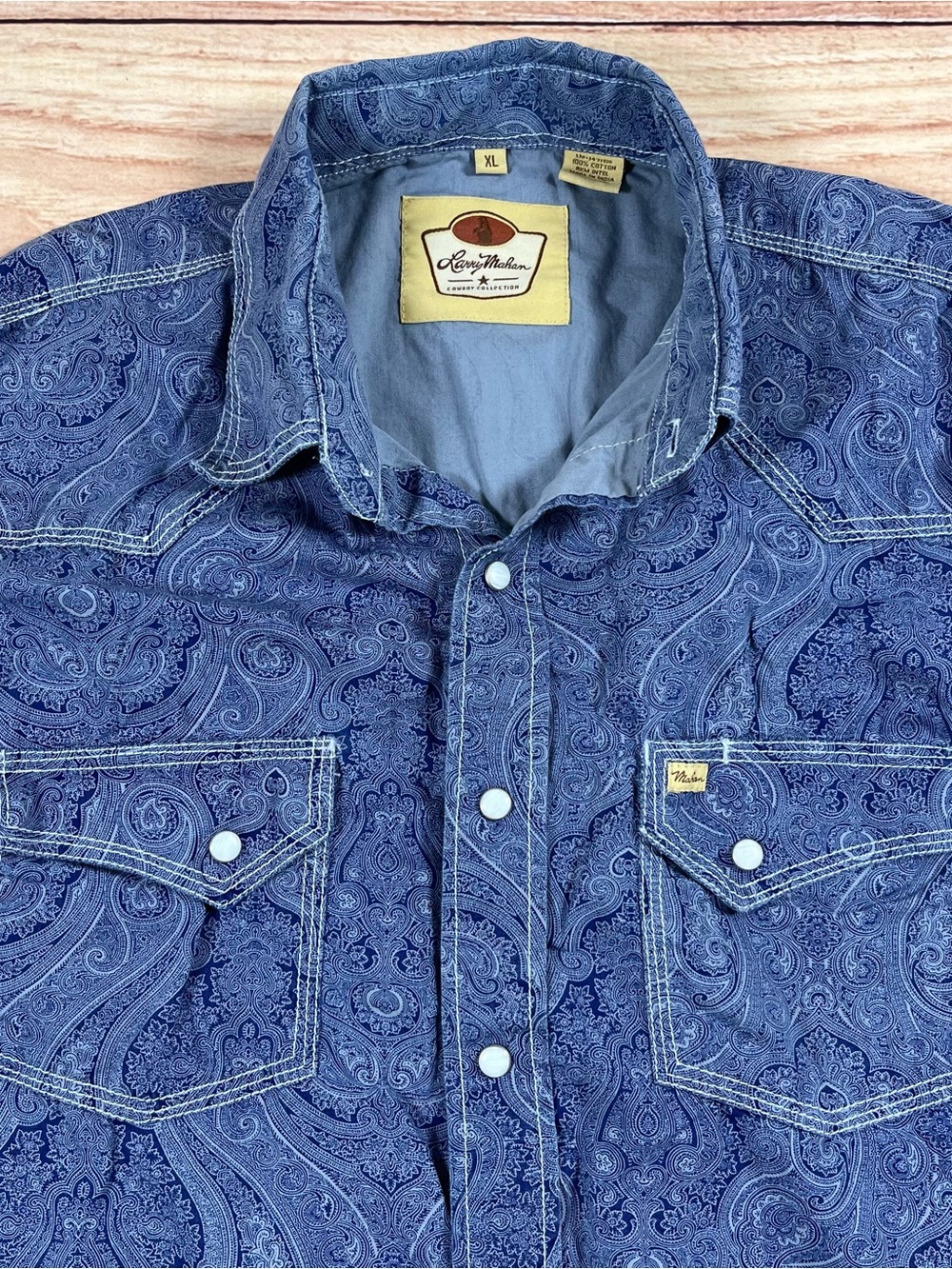 Larry Mahan Western Pearl Snap Long Sleeve Blue Paisley Rodeo Shirt Men’s XL